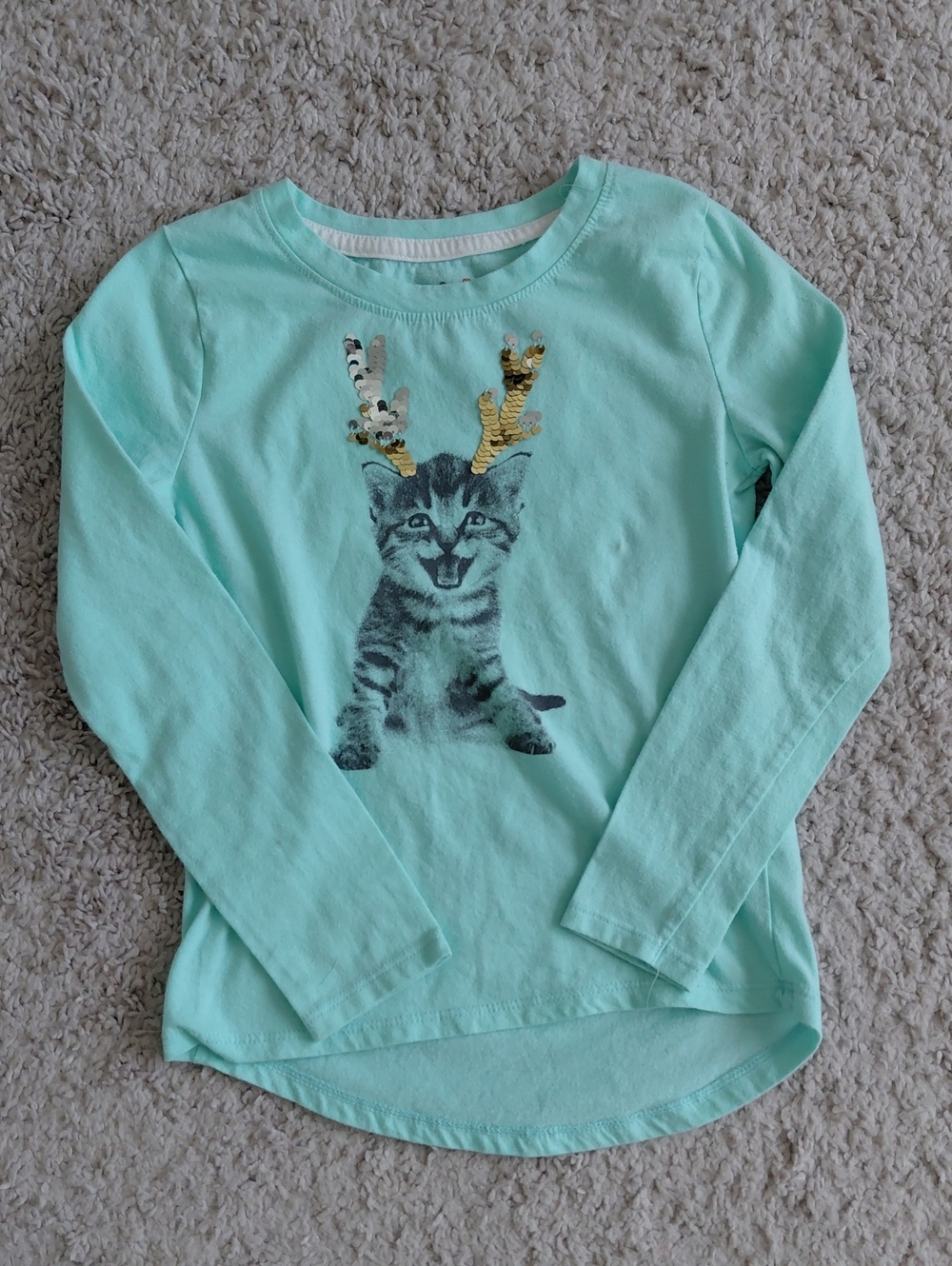 Cat & Jack Mint Green Long Sleeve Tee with Sequin Kitten